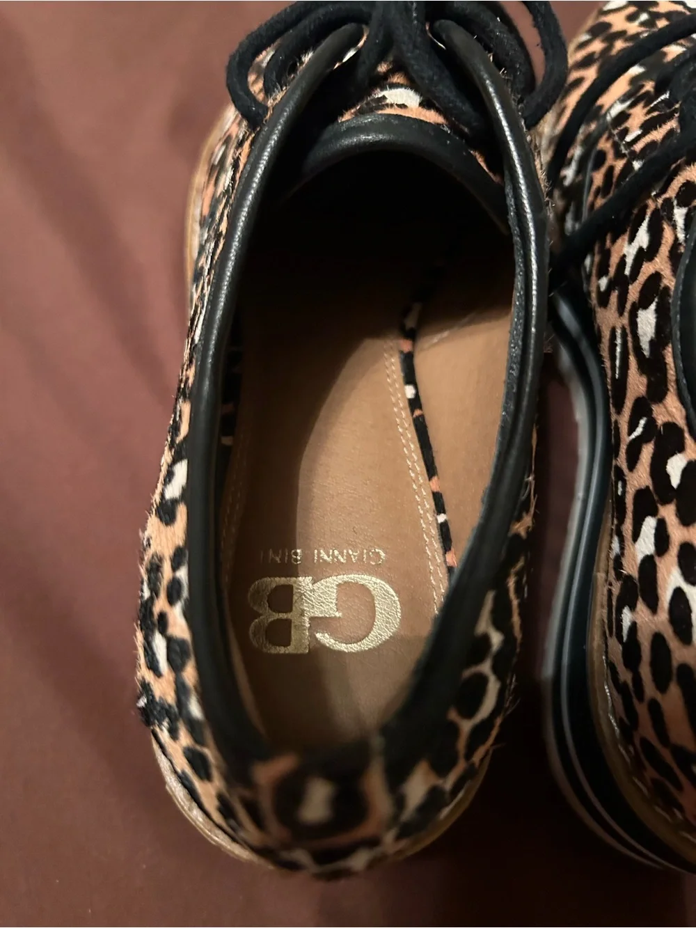 Giani Bini calf-hair leopard print, black/white stacked sole sz9 slaede oxford